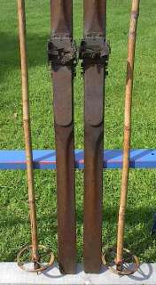 VINTAGE Wooden Skis 83 Long + OLD Bamboo Poles ANTIQUE  